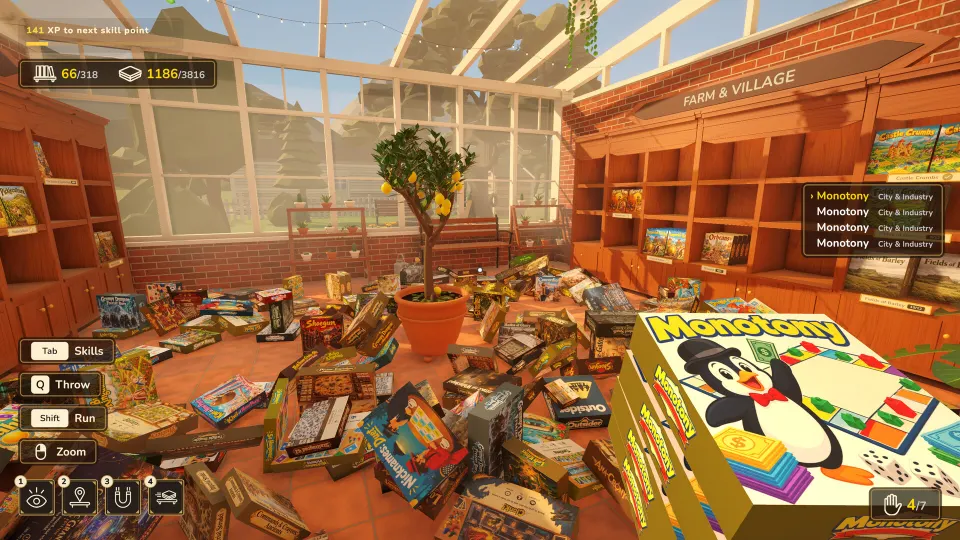 The greenhouse with a lemon tree and scattered board games